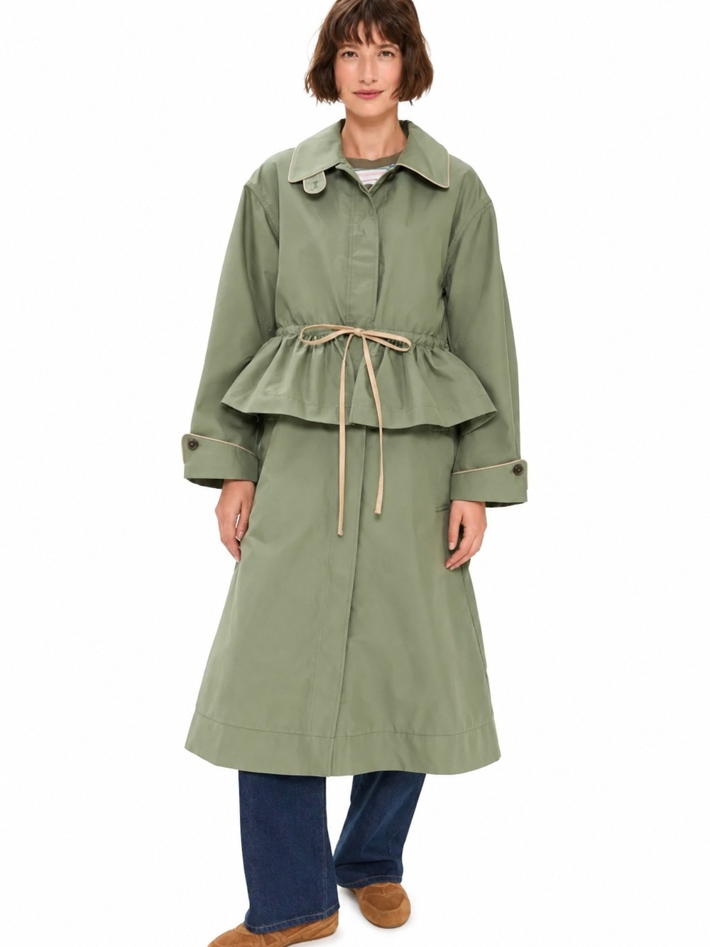 Damson Madder Myrtle Convertible Trench Coat Sage Green Peplum Frill